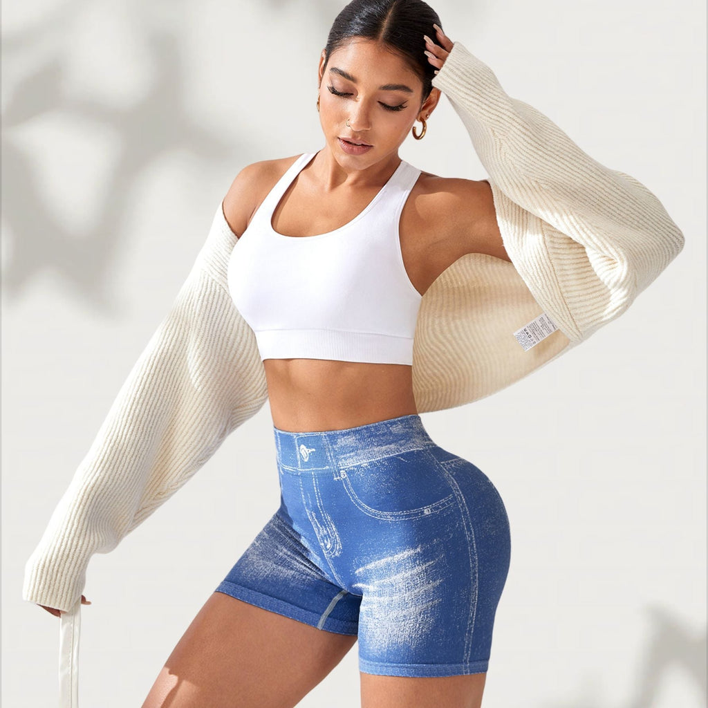 Seamless Denim-Look Yoga Shorts