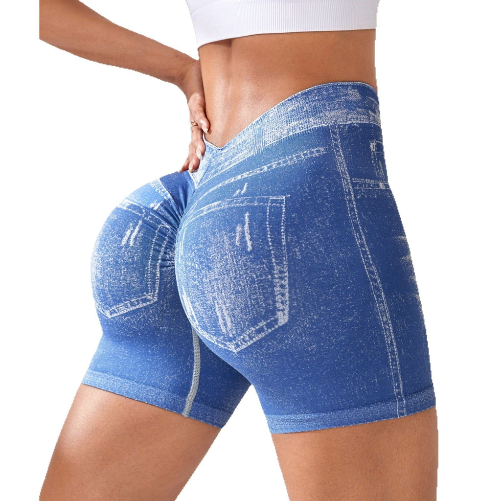 Seamless Denim-Look Yoga Shorts