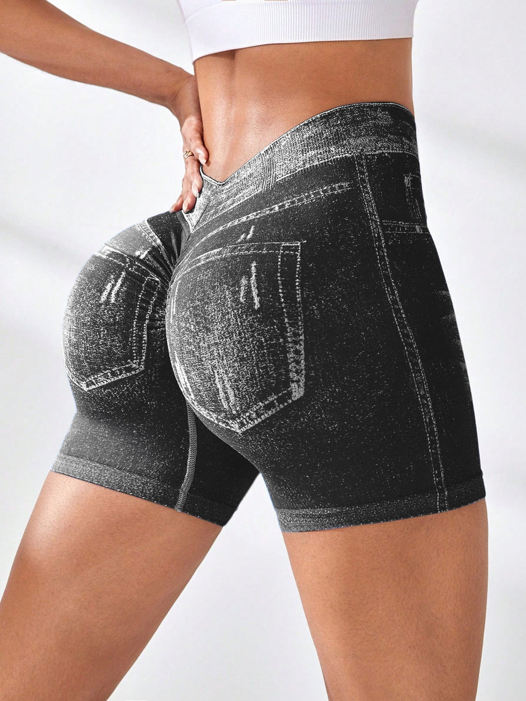 Seamless Denim-Look Yoga Shorts