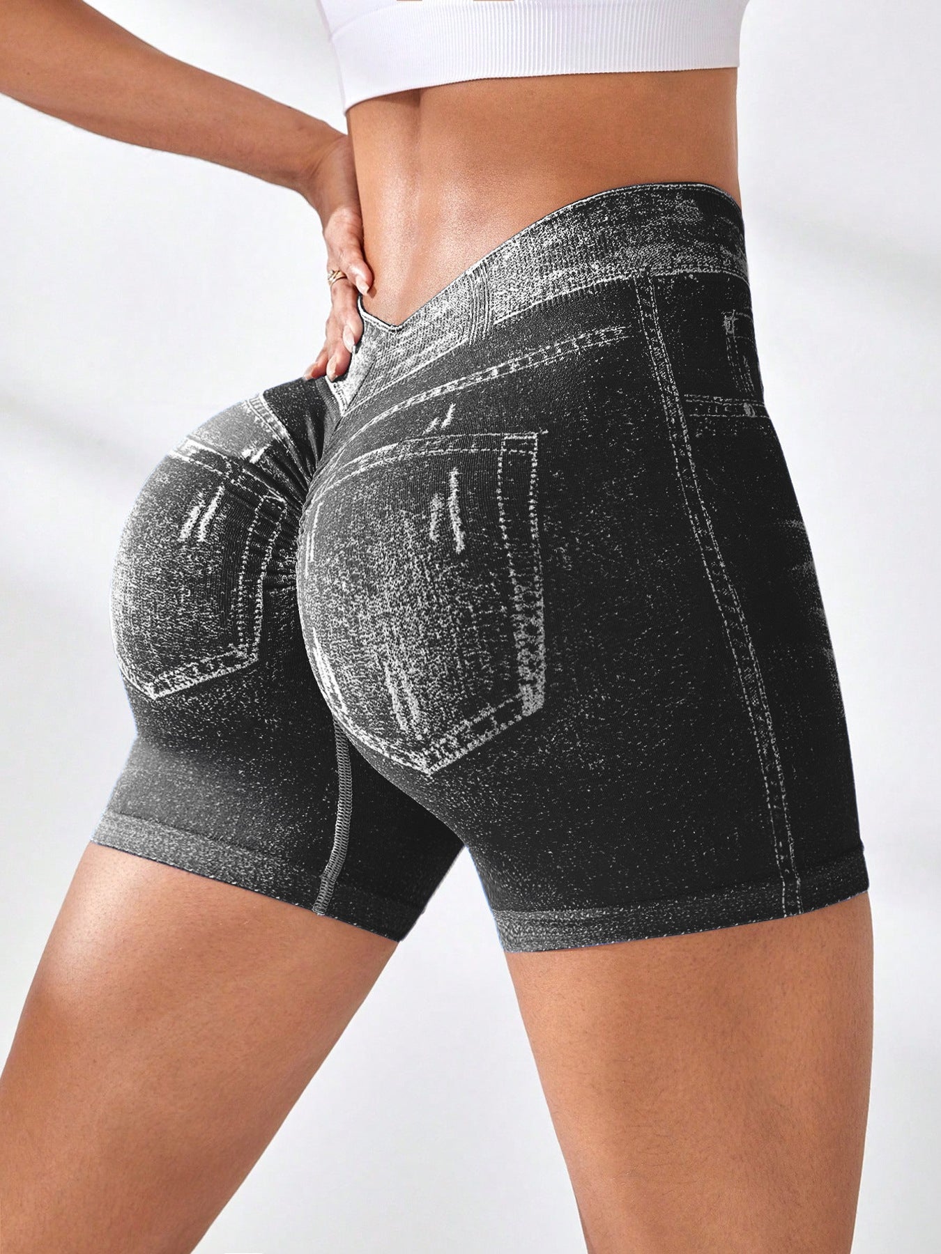 Seamless Denim-Look Yoga Shorts
