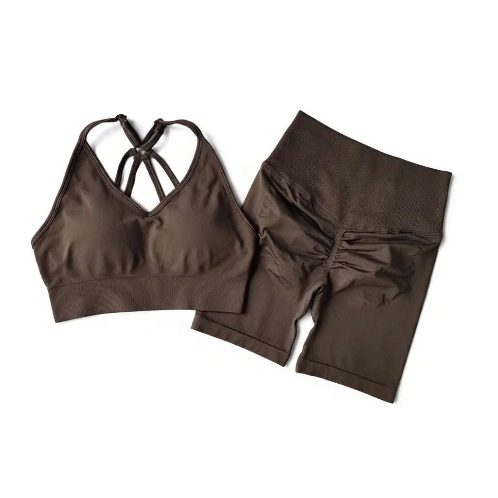 Women’s V-Back Sports Bra Set with High-Waist Shorts
